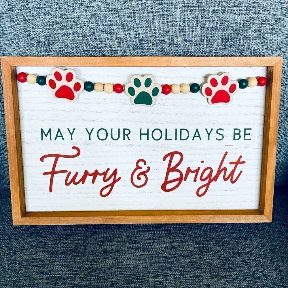 Furry & Bright Christmas Dog Paw Wood Wall Decor Sign
